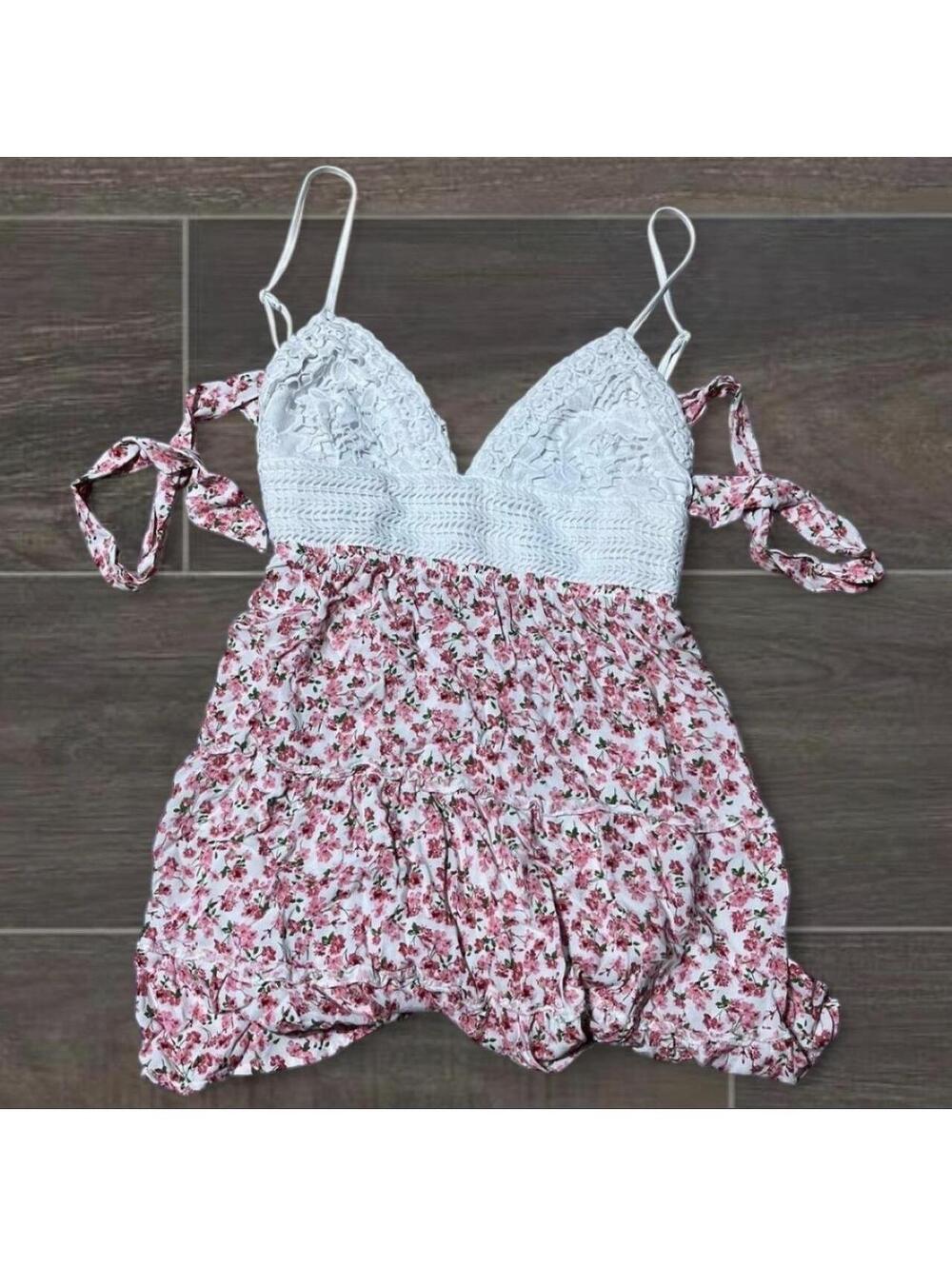 Large White and pink floral crochet babydoll dress lace trim